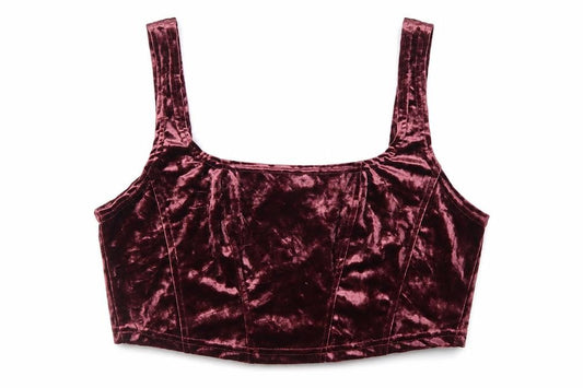 Front view of Vintage Women’s Purple Velvet Cropped Tank Top L Zip Back Handmade