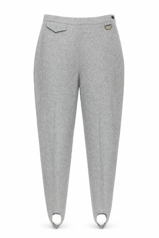 Front view of Ralph Lauren Women's Grey Wool Tapered Stirrup Trousers, size 4