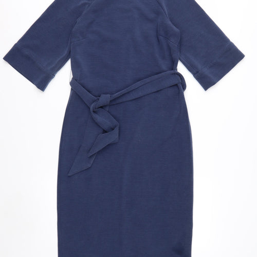 Oliver Bonas Women Blue Size 8 Sheath Knee Length Belted Dress