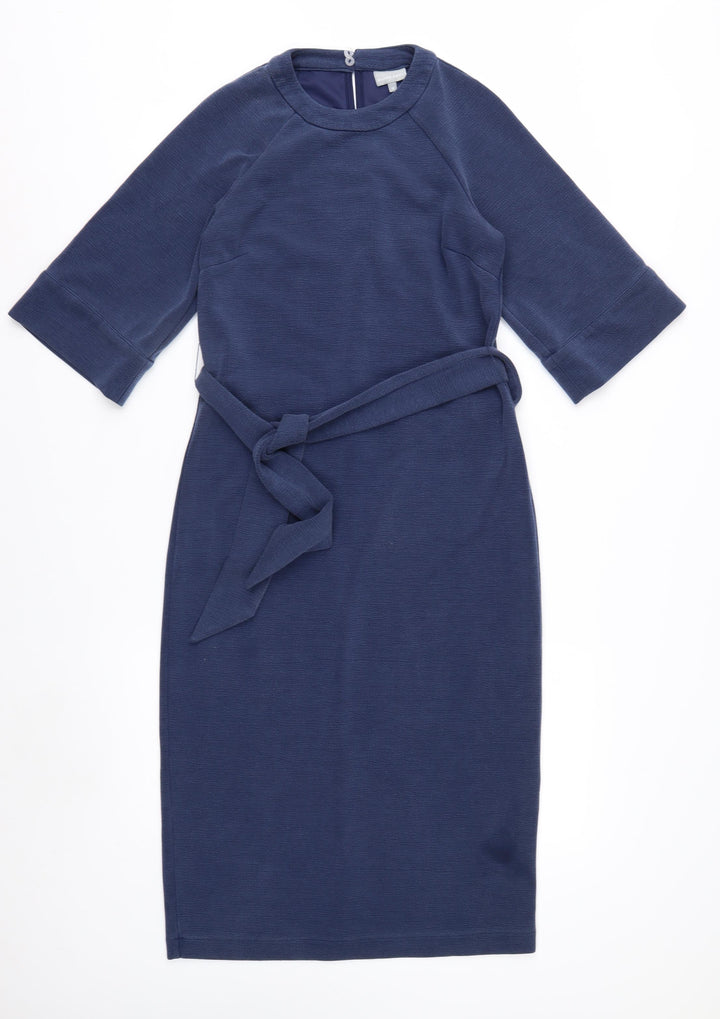 Oliver Bonas Women Blue Size 8 Sheath Knee Length Belted Dress