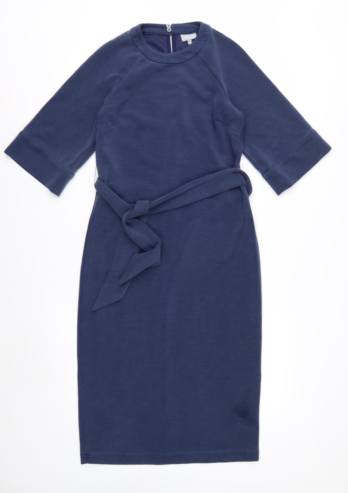 Oliver Bonas Women Blue Size 8 Sheath Knee Length Belted Dress
