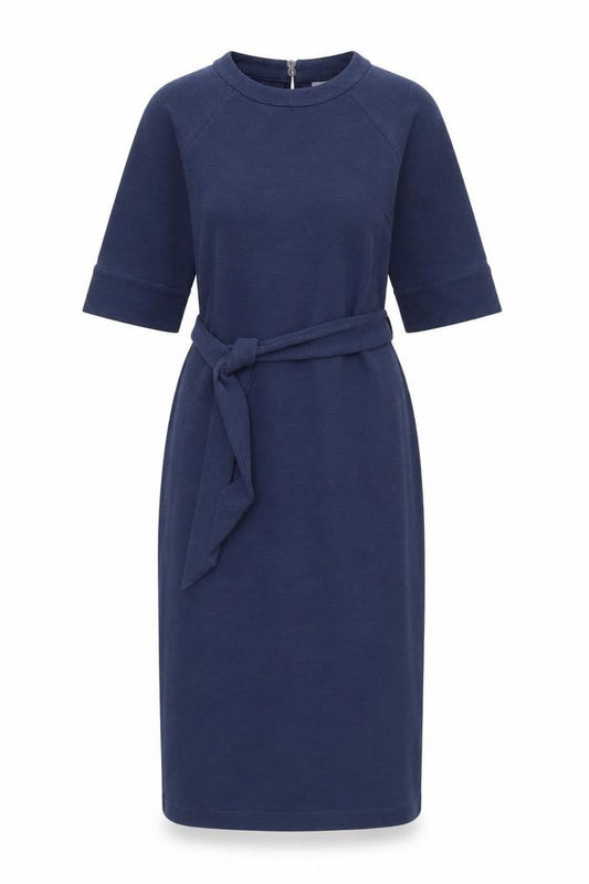 Front view of Oliver Bonas Women Blue, size 8, Sheath Knee Length Belted Dress