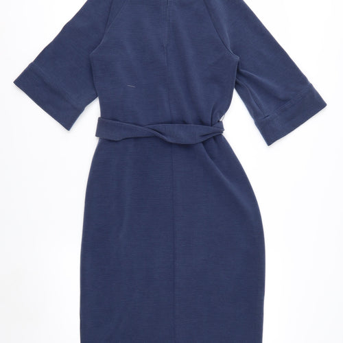 Oliver Bonas Women Blue Size 8 Sheath Knee Length Belted Dress