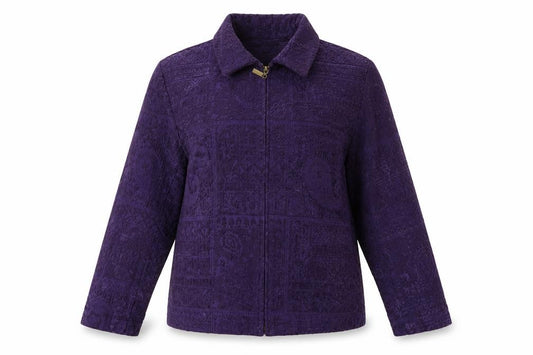 Front view of Dressbarn Women's Purple Zip Front Classic Jacket, size M, Polyester Blend