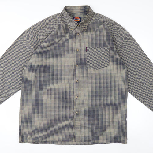 Dickies Men's Grey Check Long Sleeve Button-Up Shirt XL Classic Fit