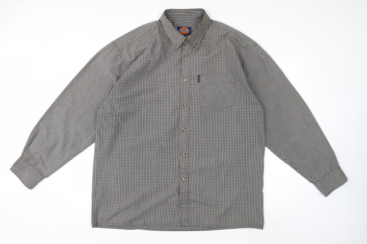 Dickies Men's Grey Check Long Sleeve Button-Up Shirt XL Classic Fit