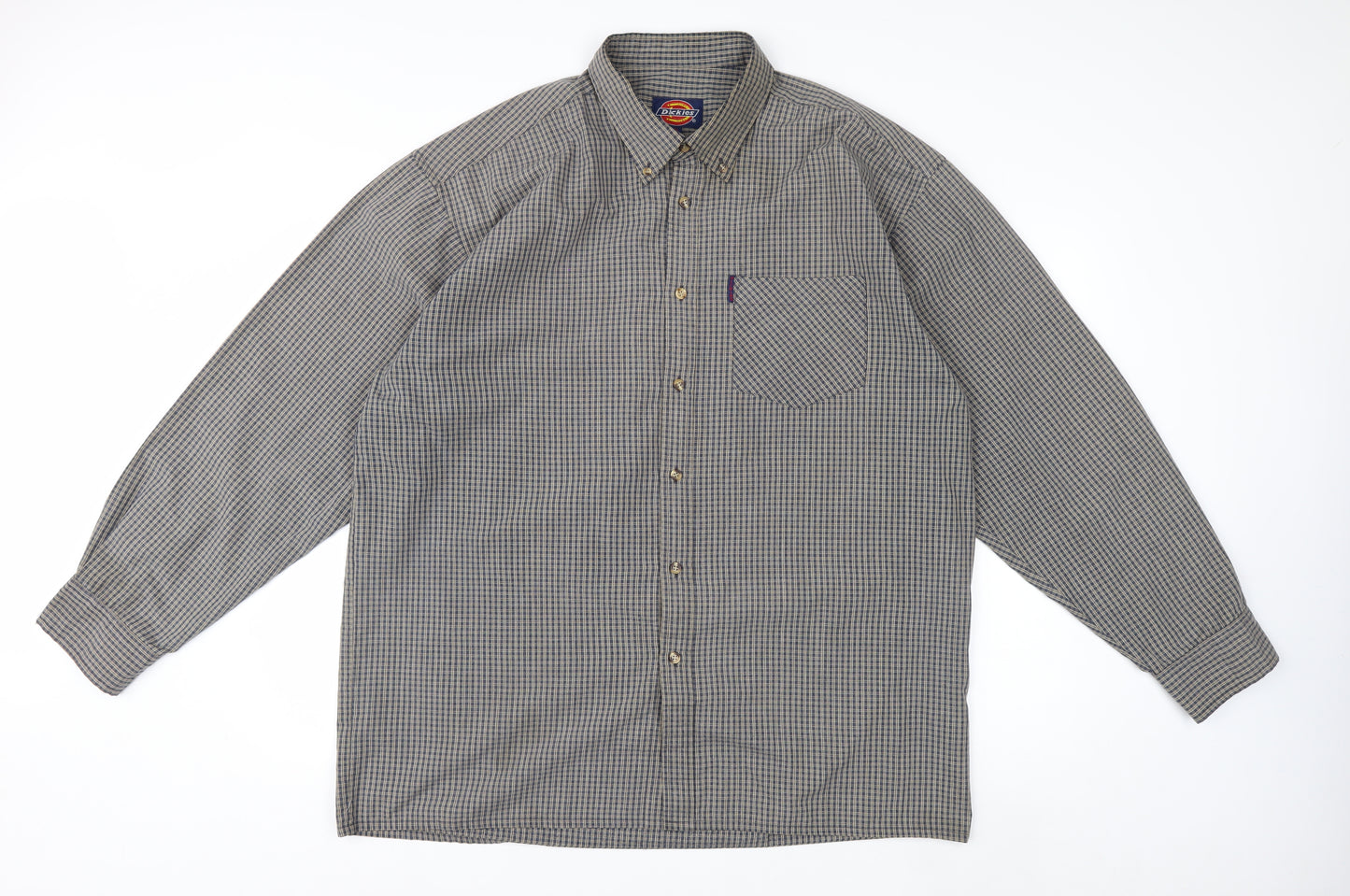 Dickies Men's Grey Check Long Sleeve Button-Up Shirt XL Classic Fit