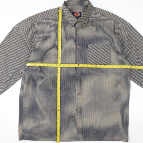 Dickies Men's Grey Check Long Sleeve Button-Up Shirt XL Classic Fit