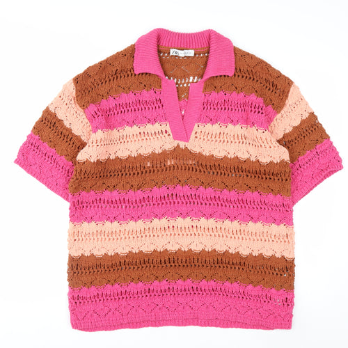 Zara Women’s Pink Brown Crochet Polo Top XL Short Sleeve