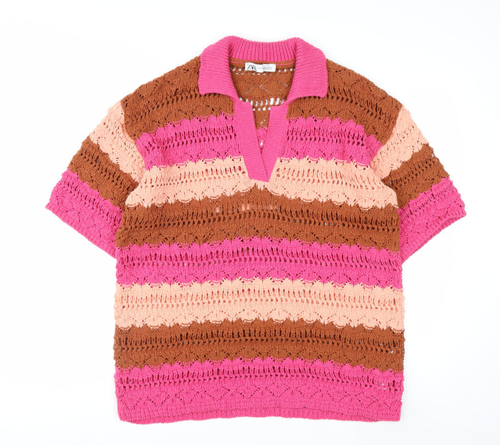 Zara Women’s Pink Brown Crochet Polo Top XL Short Sleeve