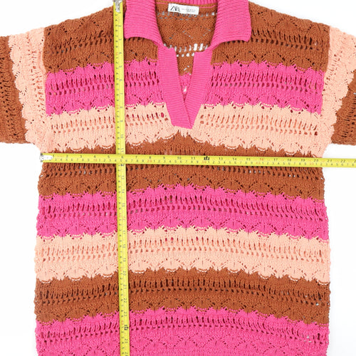 Zara Women’s Pink Brown Crochet Polo Top XL Short Sleeve