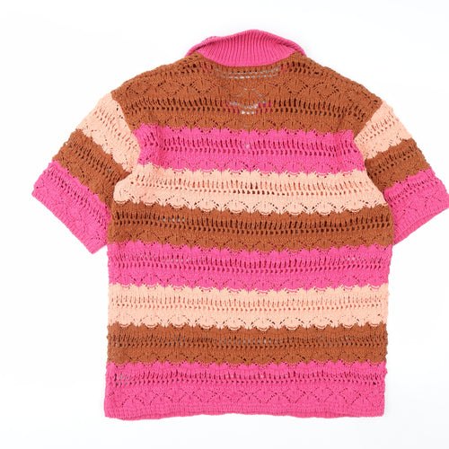 Zara Women’s Pink Brown Crochet Polo Top XL Short Sleeve