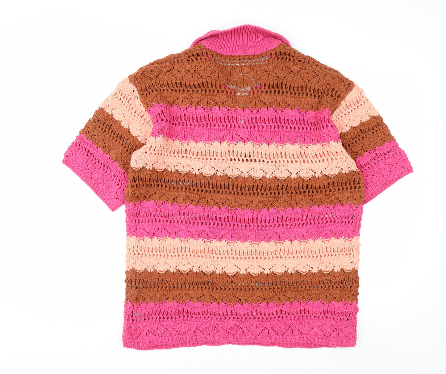 Zara Women’s Pink Brown Crochet Polo Top XL Short Sleeve