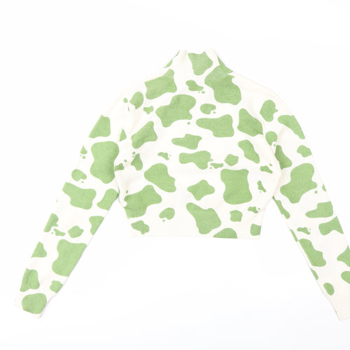 Zara Women Green White Cropped Knit High Neck Top Size M