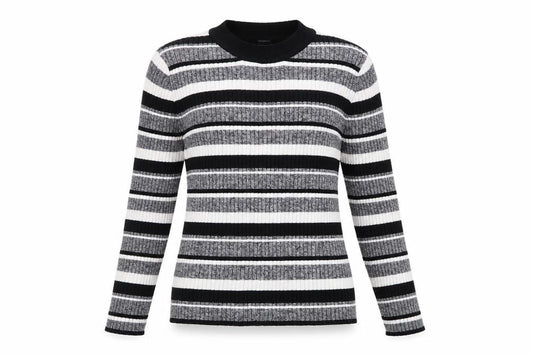 Front view of H&M Women’s Black & White Striped Long Sleeve Knit Top, size M