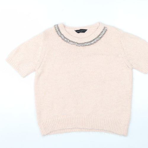 Dorothy Perkins Women Ivory Beaded Crew Neck Short Sleeve Jumper Size 14