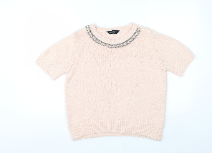 Dorothy Perkins Women Ivory Beaded Crew Neck Short Sleeve Jumper Size 14