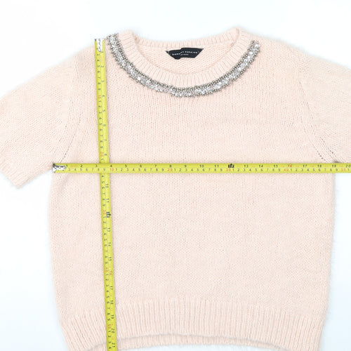 Dorothy Perkins Women Ivory Beaded Crew Neck Short Sleeve Jumper Size 14