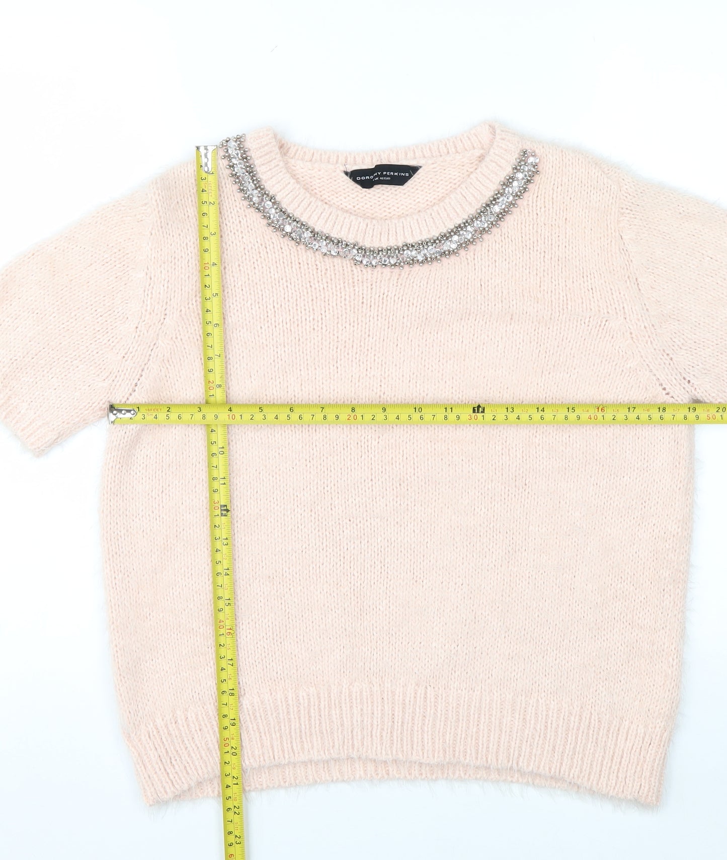 Dorothy Perkins Women Ivory Beaded Crew Neck Short Sleeve Jumper Size 14