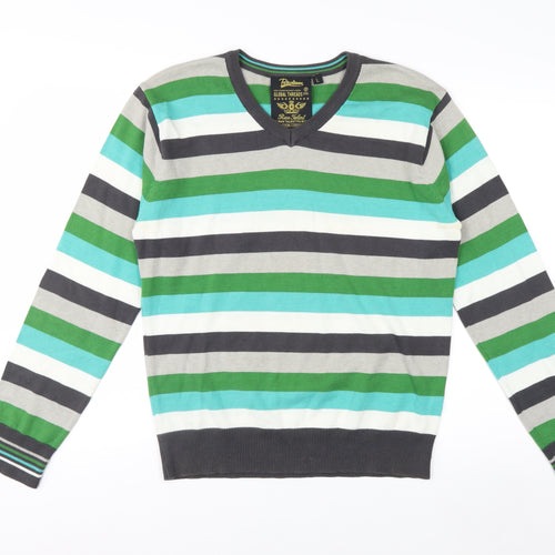Petroleum Men's Multicoloured L V-Neck Cotton Striped Jumper