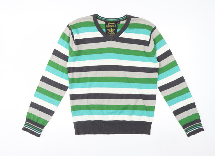 Petroleum Men's Multicoloured L V-Neck Cotton Striped Jumper