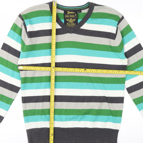 Petroleum Men's Multicoloured L V-Neck Cotton Striped Jumper
