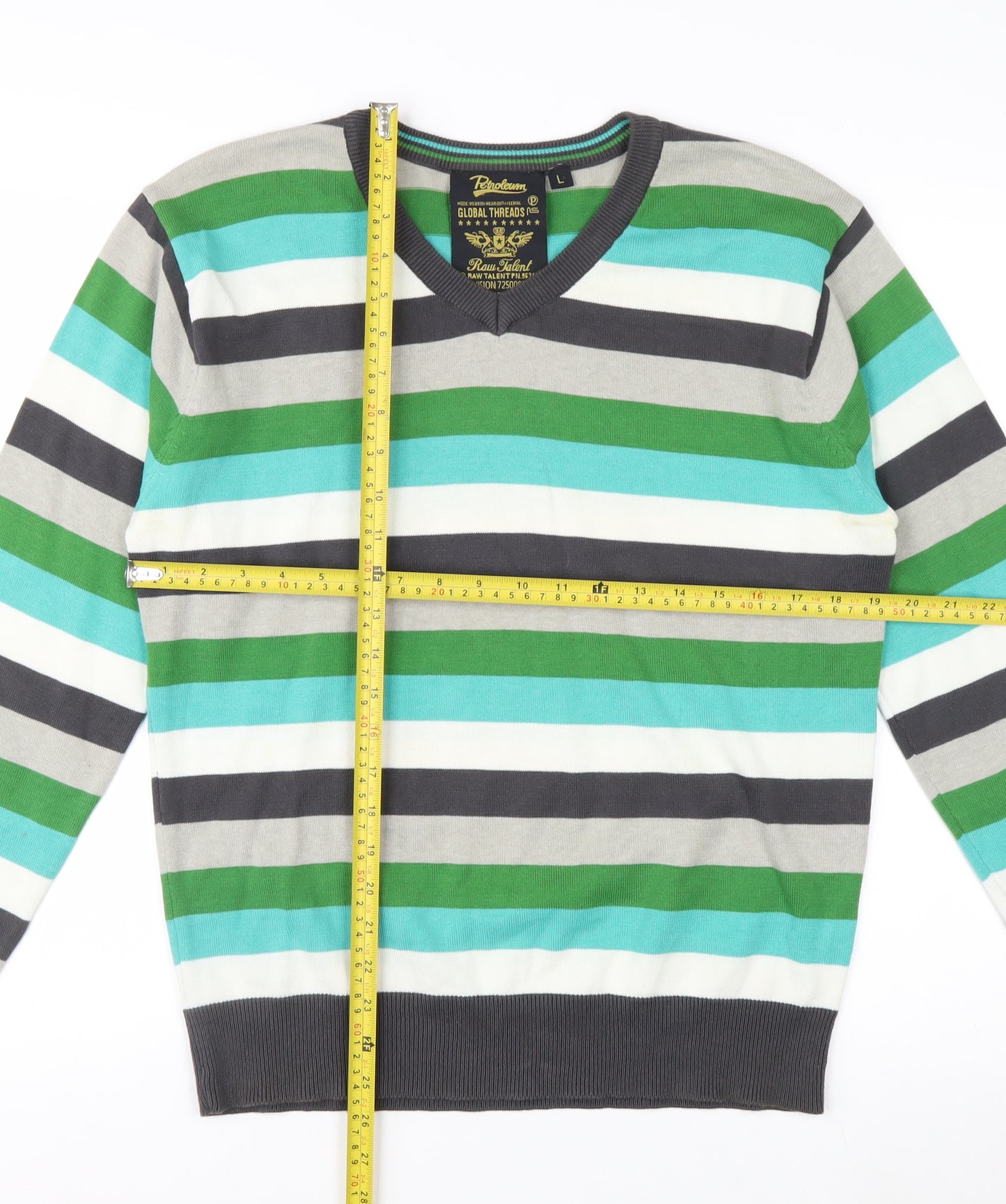 Petroleum Men's Multicoloured L V-Neck Cotton Striped Jumper