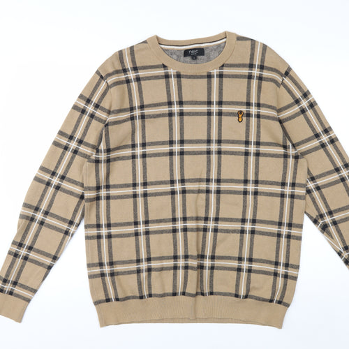 Next Men Beige Check Cotton Crew Neck Pullover Jumper L