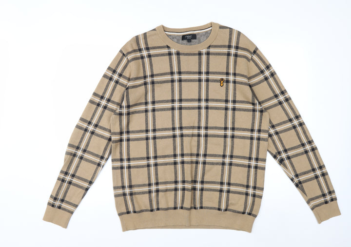 Next Men Beige Check Cotton Crew Neck Pullover Jumper L
