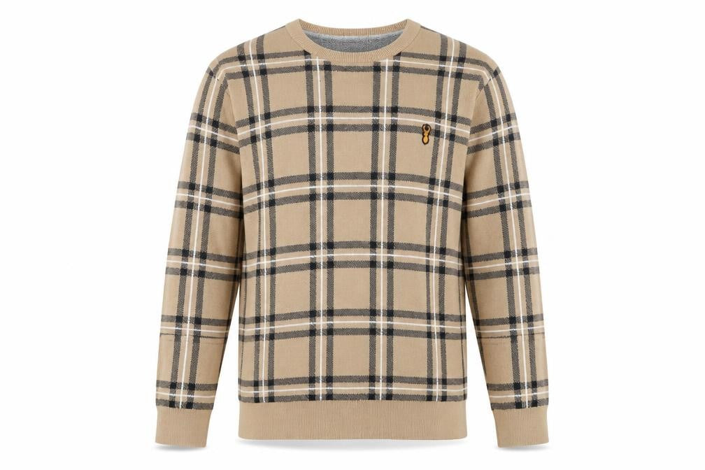 Next Men Beige Check Cotton Crew Neck Pullover Jumper L
