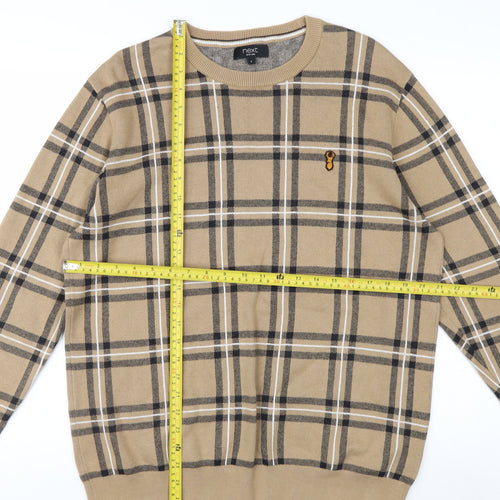 Next Men Beige Check Cotton Crew Neck Pullover Jumper L