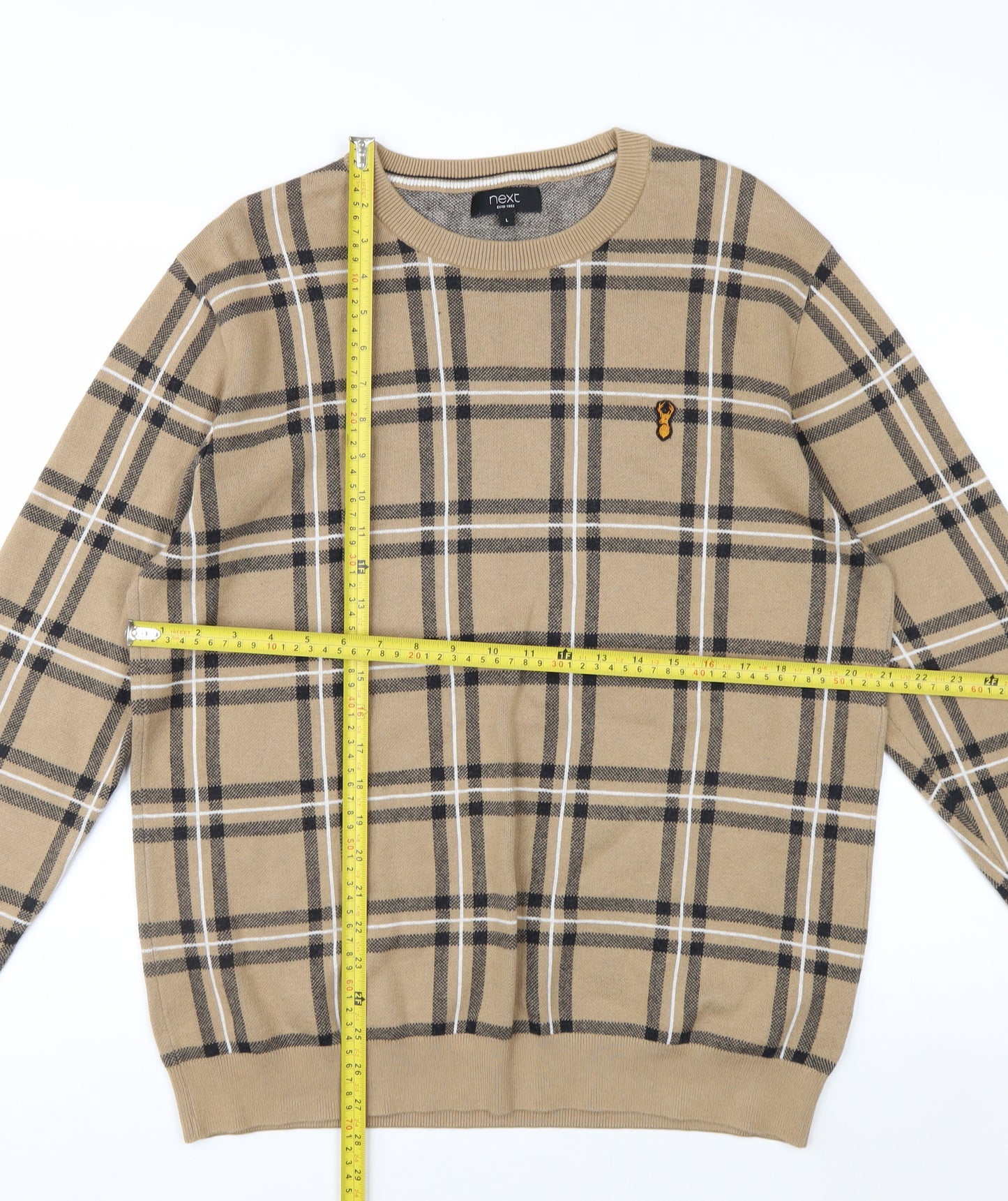 Next Men Beige Check Cotton Crew Neck Pullover Jumper L
