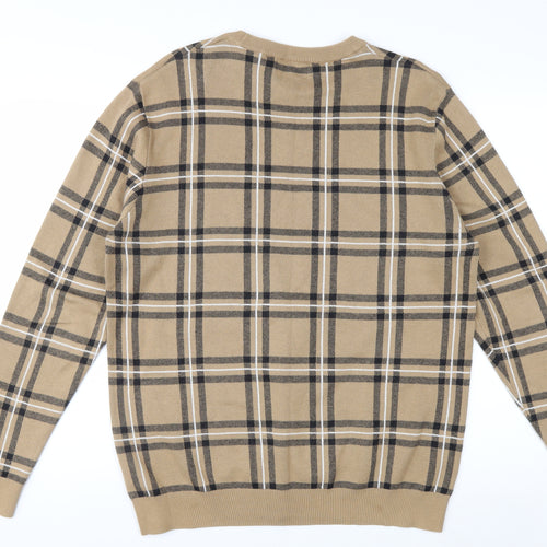 Next Men Beige Check Cotton Crew Neck Pullover Jumper L