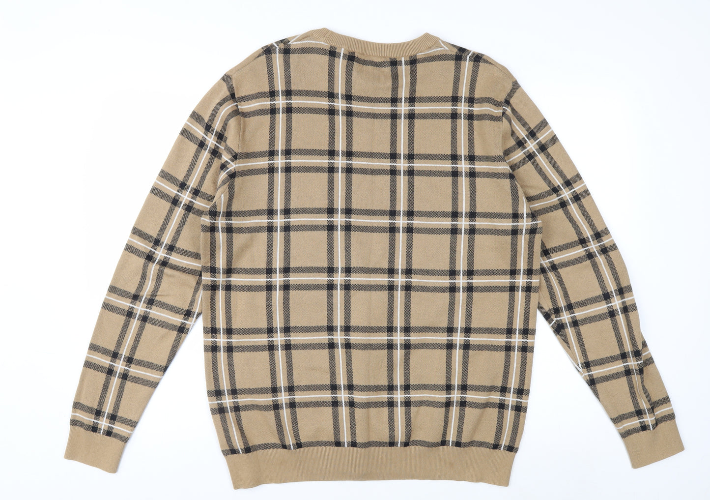 Next Men Beige Check Cotton Crew Neck Pullover Jumper L