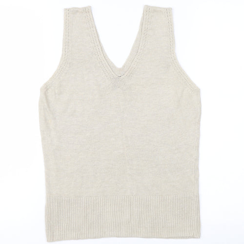 Claudia Sträter Womens Beige Linen V-Neck Sleeveless Tank Top Size 12