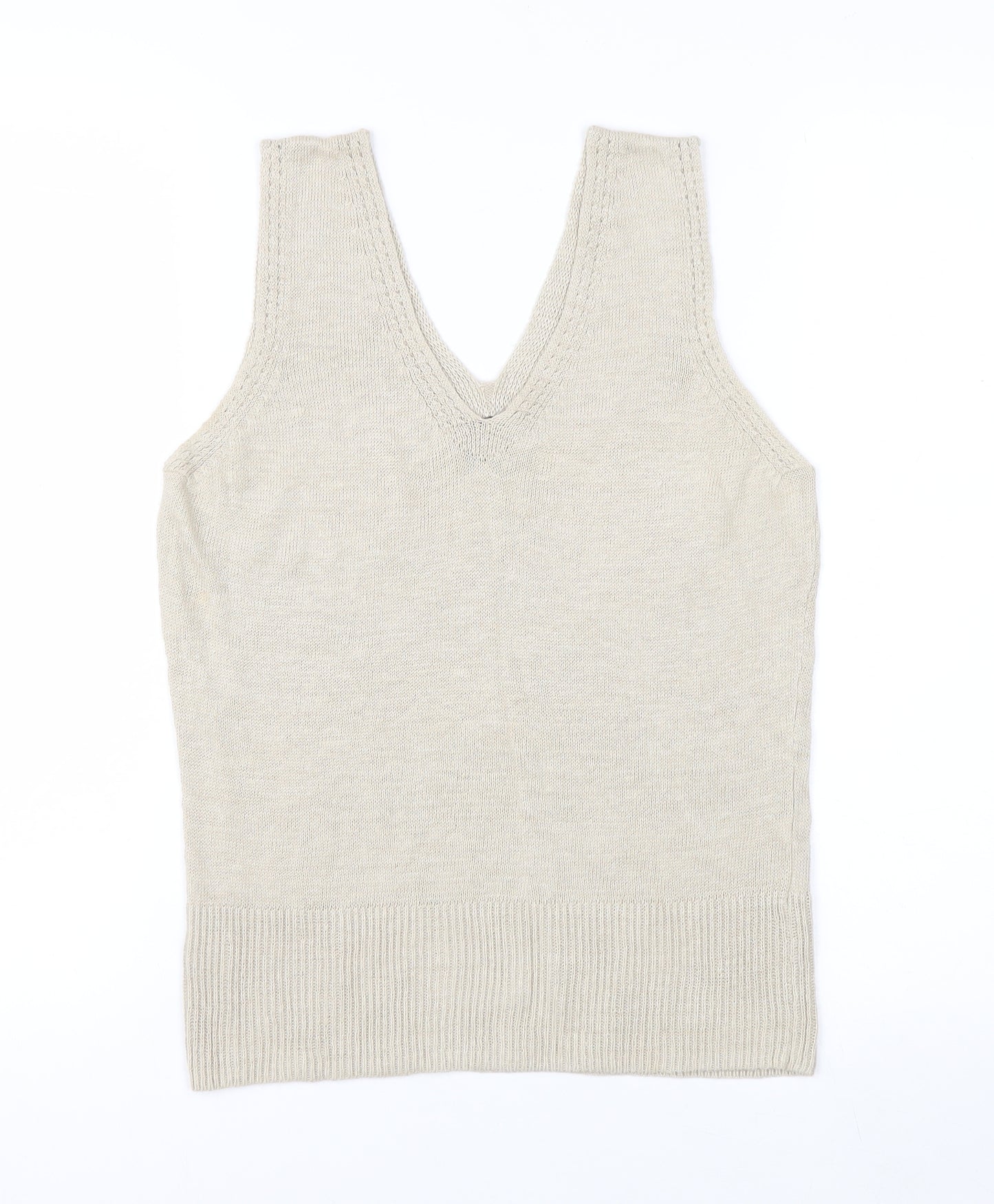 Claudia Sträter Womens Beige Linen V-Neck Sleeveless Tank Top Size 12