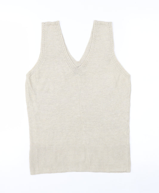 Claudia Sträter Womens Beige Linen V-Neck Sleeveless Tank Top Size 12