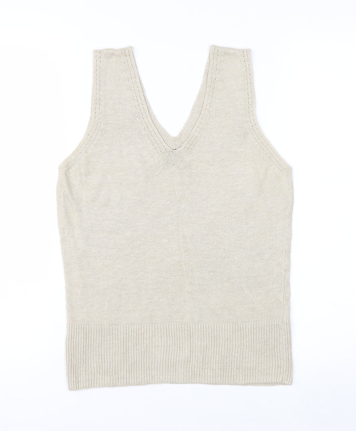Claudia Sträter Womens Beige Linen V-Neck Sleeveless Tank Top Size 12
