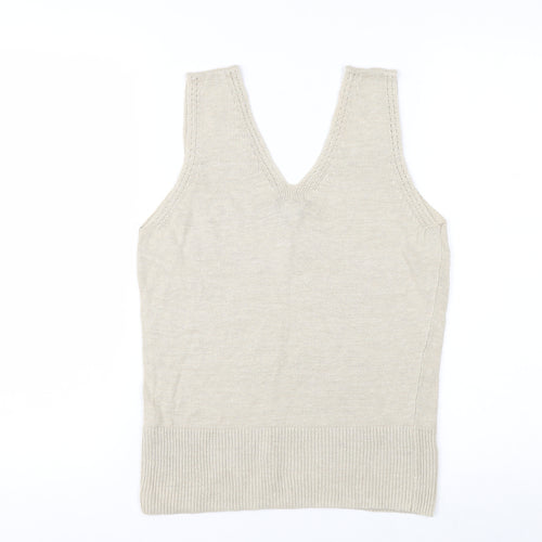 Claudia Sträter Womens Beige Linen V-Neck Sleeveless Tank Top Size 12