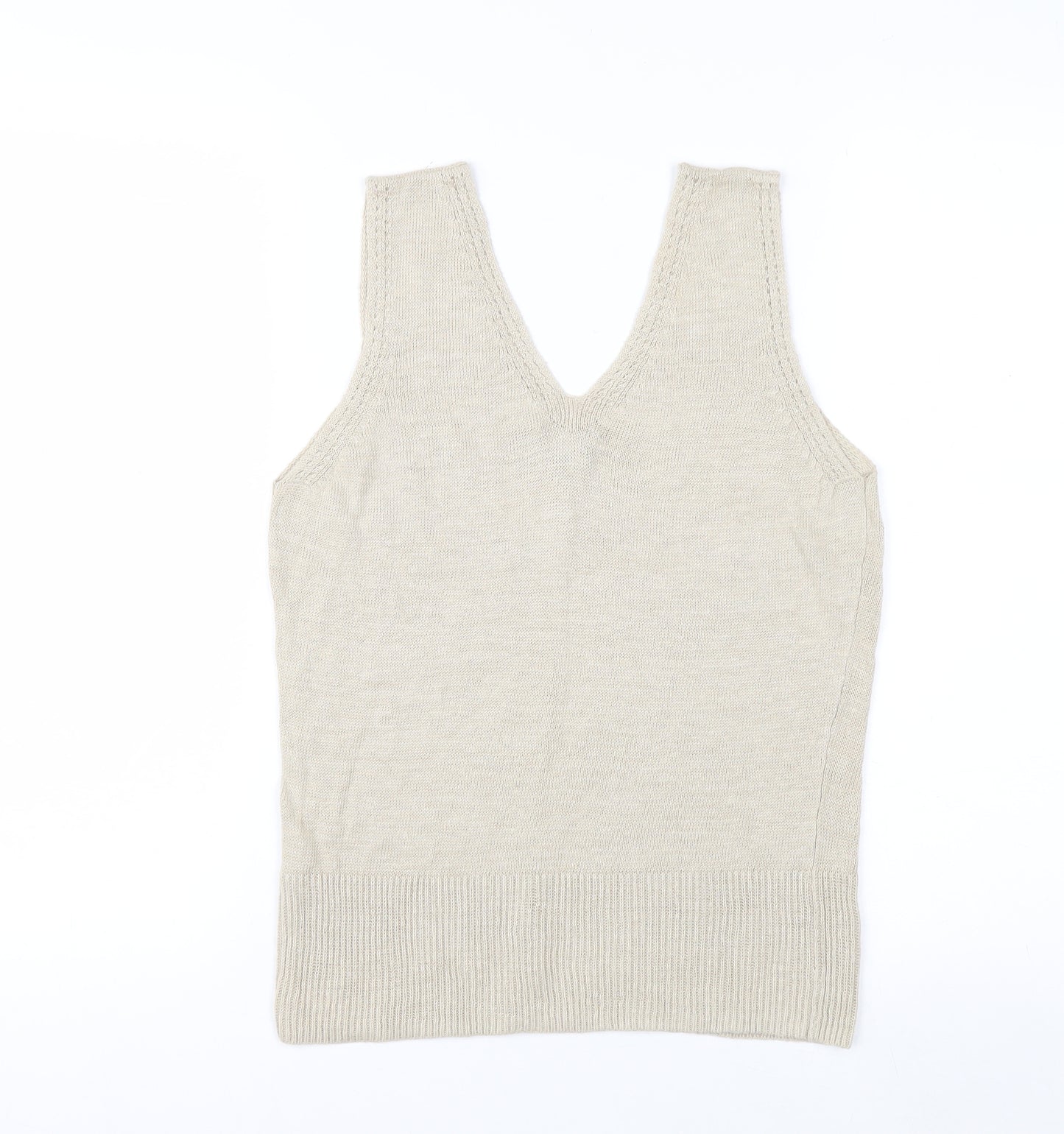 Claudia Sträter Womens Beige Linen V-Neck Sleeveless Tank Top Size 12