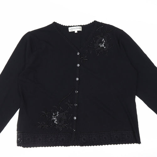 Affections Women Black L Floral Embroidered Sequin Knit Cardigan