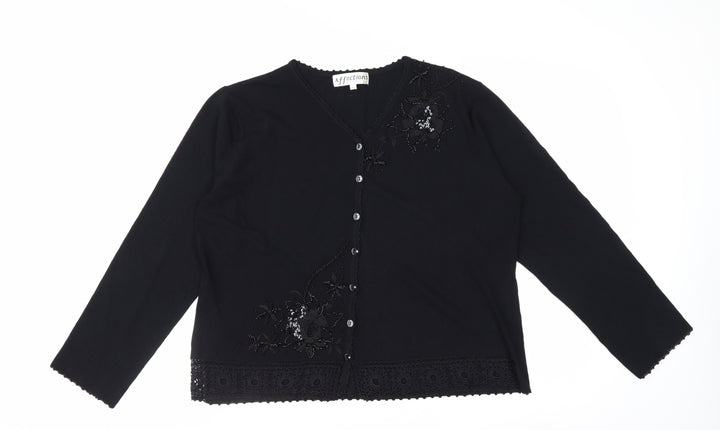 Affections Women Black L Floral Embroidered Sequin Knit Cardigan