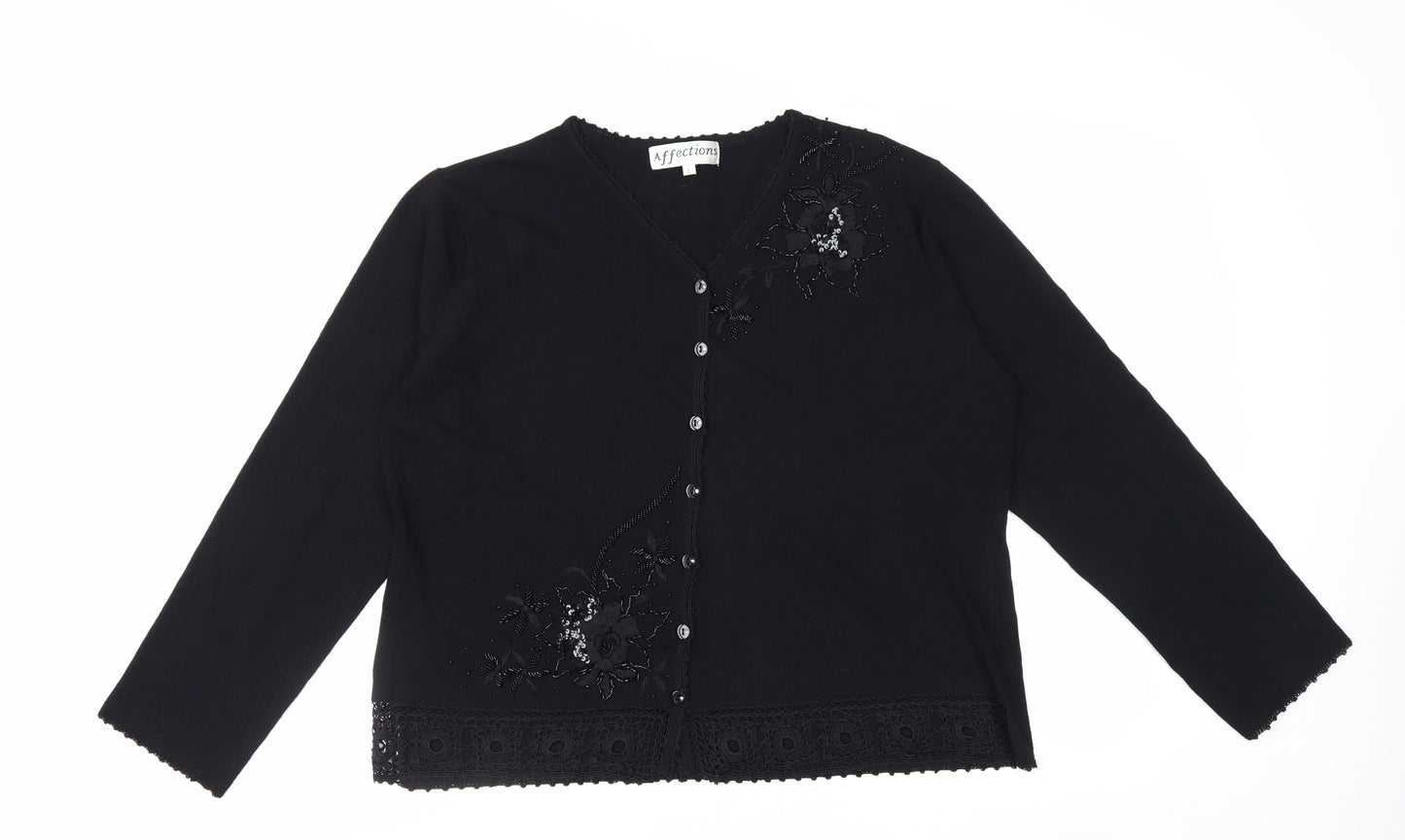 Affections Women Black L Floral Embroidered Sequin Knit Cardigan