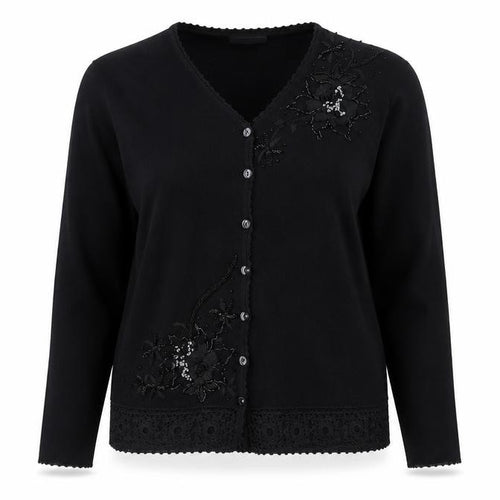 Affections Women Black L Floral Embroidered Sequin Knit Cardigan