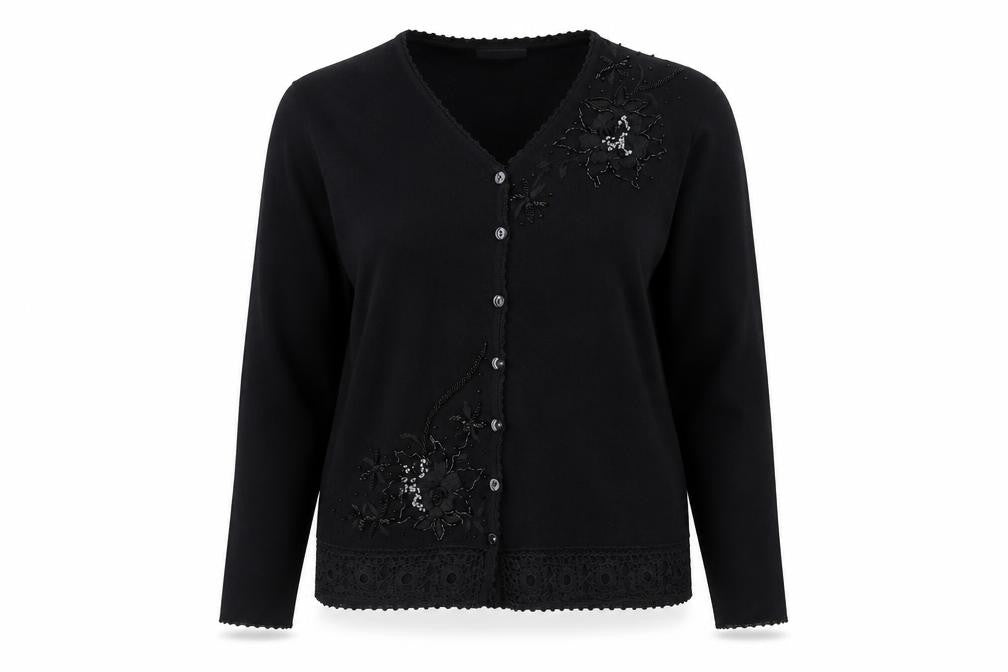 Affections Women Black L Floral Embroidered Sequin Knit Cardigan