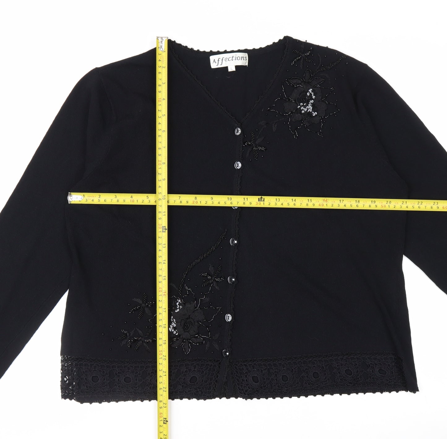 Affections Women Black L Floral Embroidered Sequin Knit Cardigan