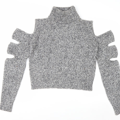 Urban Revivo Women's Grey Roll Neck Cold Shoulder Chunky Knit Jumper Size 10
