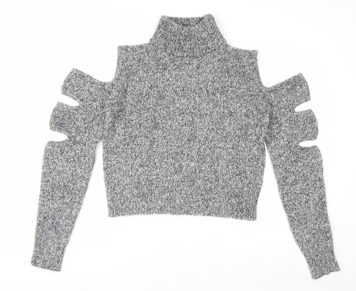 Urban Revivo Women's Grey Roll Neck Cold Shoulder Chunky Knit Jumper Size 10