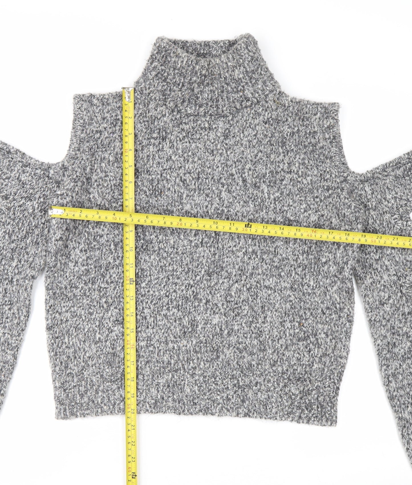 Urban Revivo Women's Grey Roll Neck Cold Shoulder Chunky Knit Jumper Size 10
