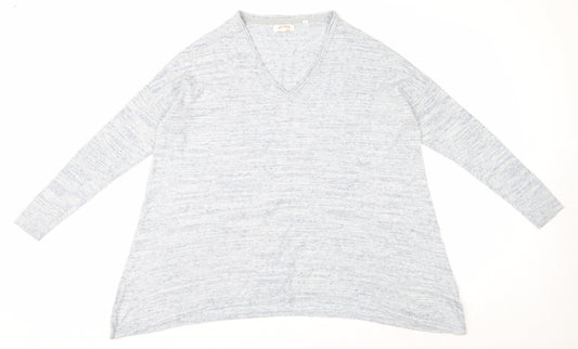 Fat Face Womens Blue V-Neck Cotton Linen Blend Relaxed Fit Jumper Size 14